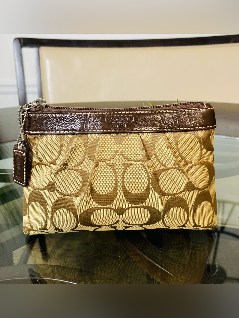 Coach Signature Pleated Wristlet Khaki Mahogany Canvas Leather Pouch F43434